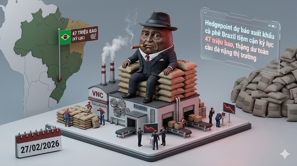 Hedgepoint dự báo xuất khẩu cà phê Brazil tiệm cận kỷ lục 47 triệu bao, thặng dư toàn cầu đè nặng thị trường